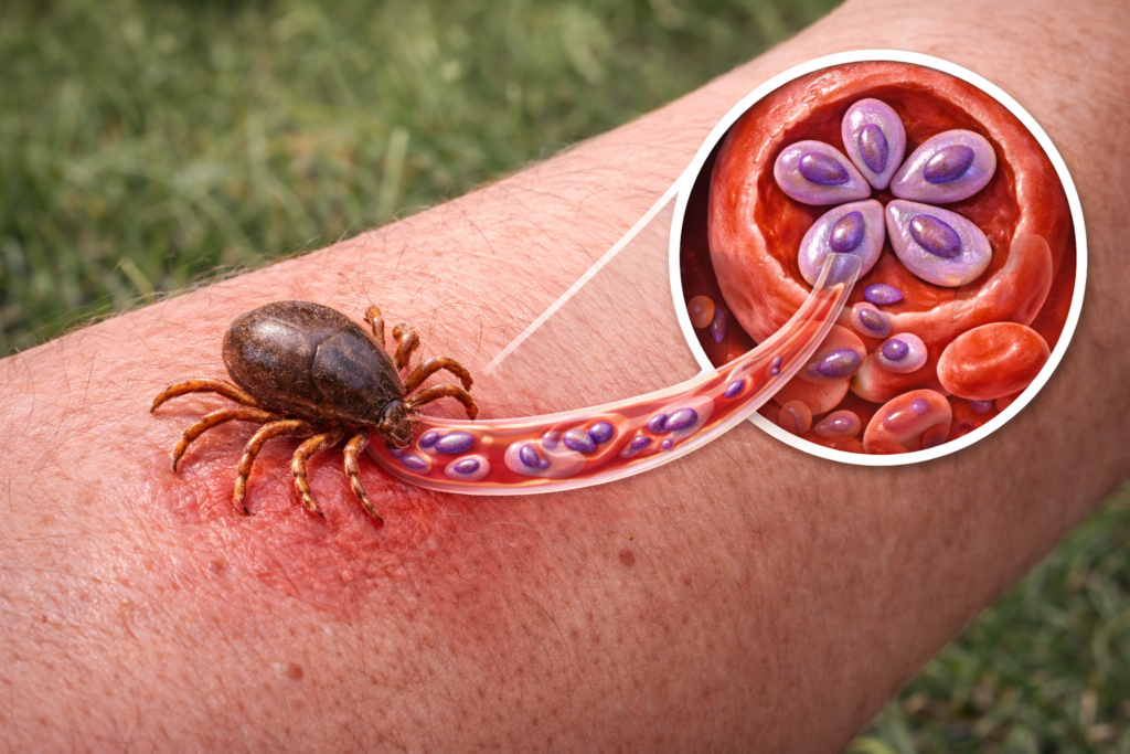 babézia, babéziózis fertőzés, amint éppen a kullancs által bekerül az ember szervezetébe