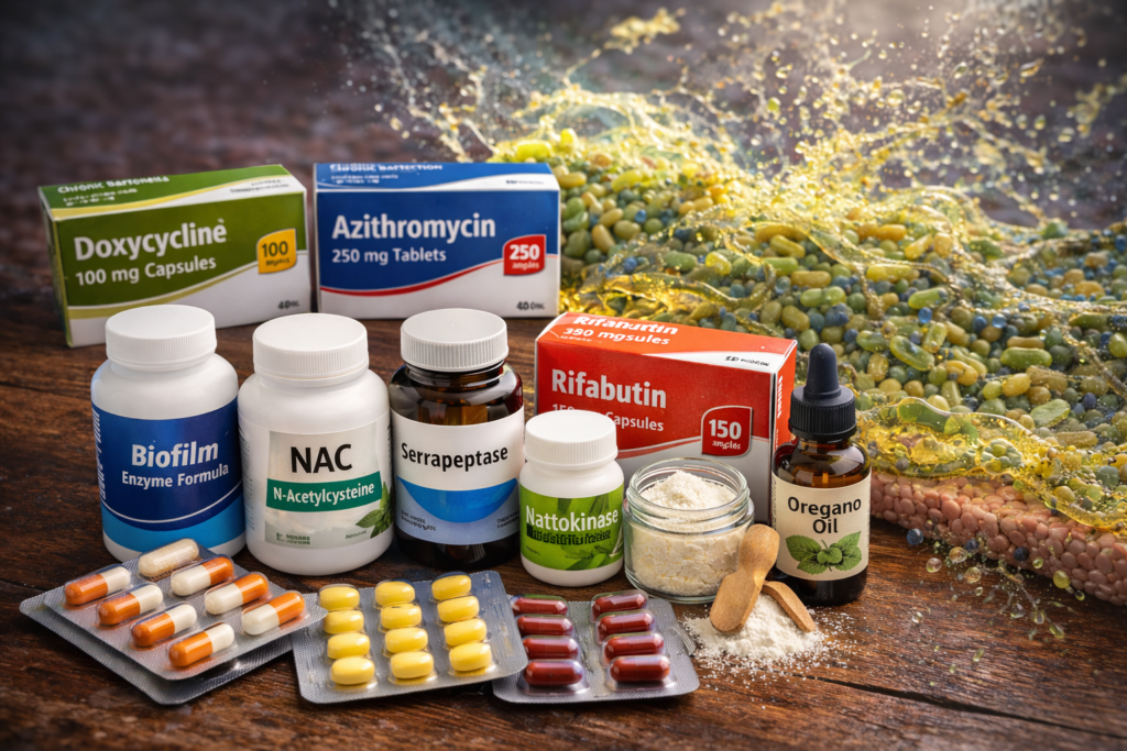 Szemléltető ábra: Biofilm oldás antibiotikumok, NAC, szerrapeptáz, nattokináz és oregánó olaj segítségével.