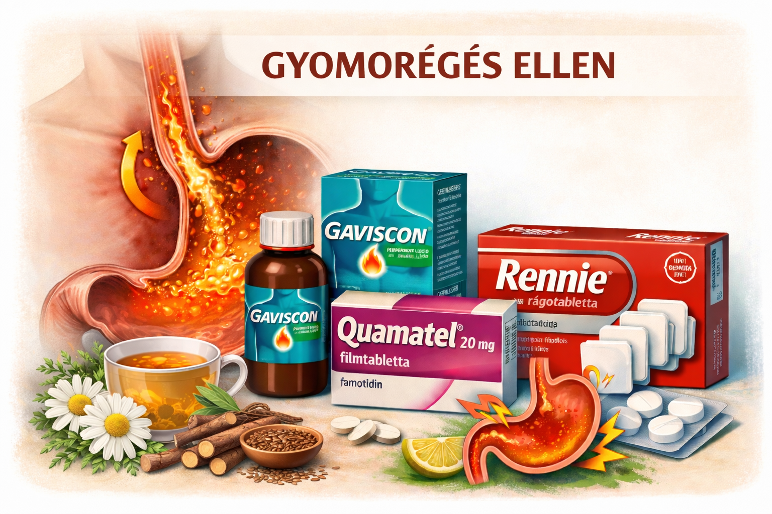 gyomorégés ellen: Gaviscon, Quamatel (famotidin), Rennie gyógyszerekkel és gyógynövényekkel (kamilla, édesgyökér, gyömbér, lenmag).