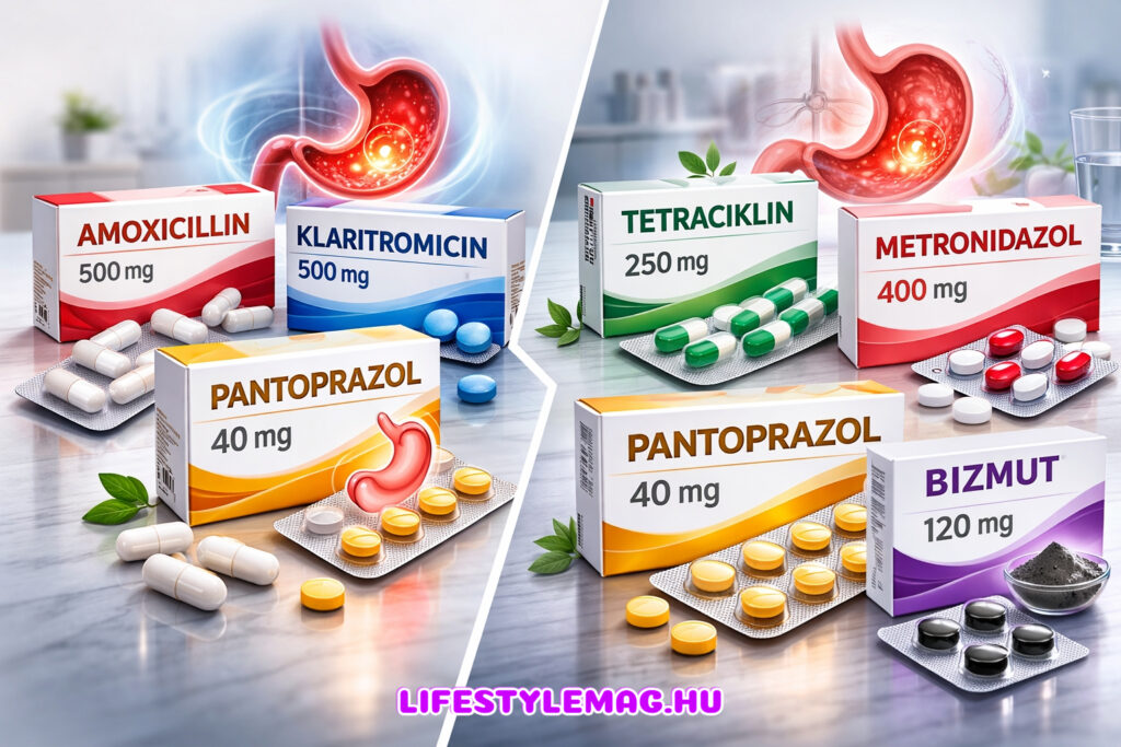 Helicobacter pylori kezelése a két eradikációs protokoll szerint: amoxicillin, klaritromicin (antibiotikumok), PPI (savcsökkentő) - ez a hármas terápia, vagy tetraciklin, metronidazol (antibiotikumok), PPI (savcsökkentő), Bizmut - ez a négyes terápia.