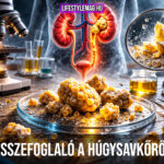 Össszefoglaló: A húgysavkövek - Húgysavkő és húgysav vesekövek közelről, laboratóriumi asztalon mikroszkópok mellett