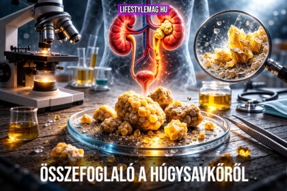 Össszefoglaló: A húgysavkövek - Húgysavkő és húgysav vesekövek közelről, laboratóriumi asztalon mikroszkópok mellett