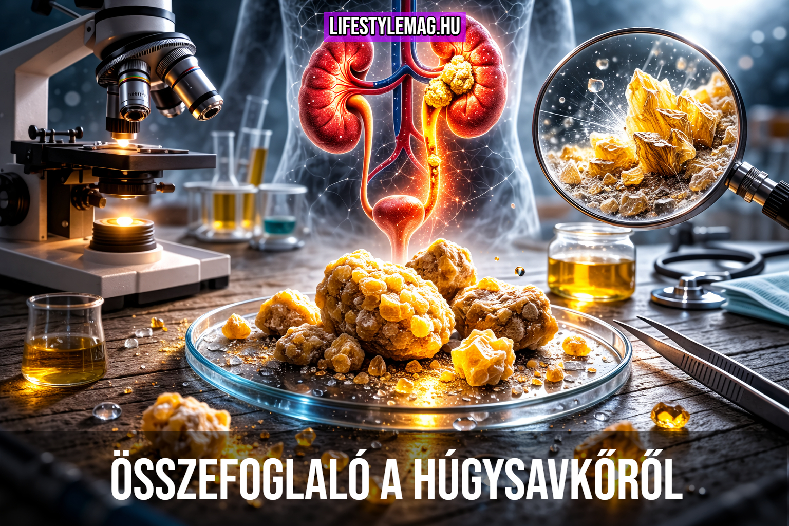 Össszefoglaló: A húgysavkövek - Húgysavkő és húgysav vesekövek közelről, laboratóriumi asztalon mikroszkópok mellett