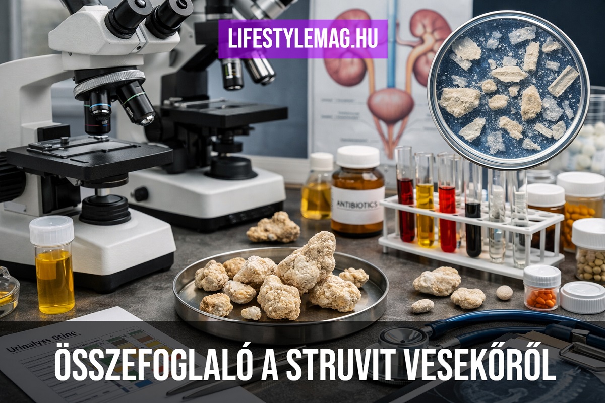 Ábra: Struvit kő, kövek nefrológus kutatói asztalán (Összefoglaló cikk a struvit vesekő kialakulásának okai, jellemzői, tünetei, kezelése, megelőzése, diétája témában.)