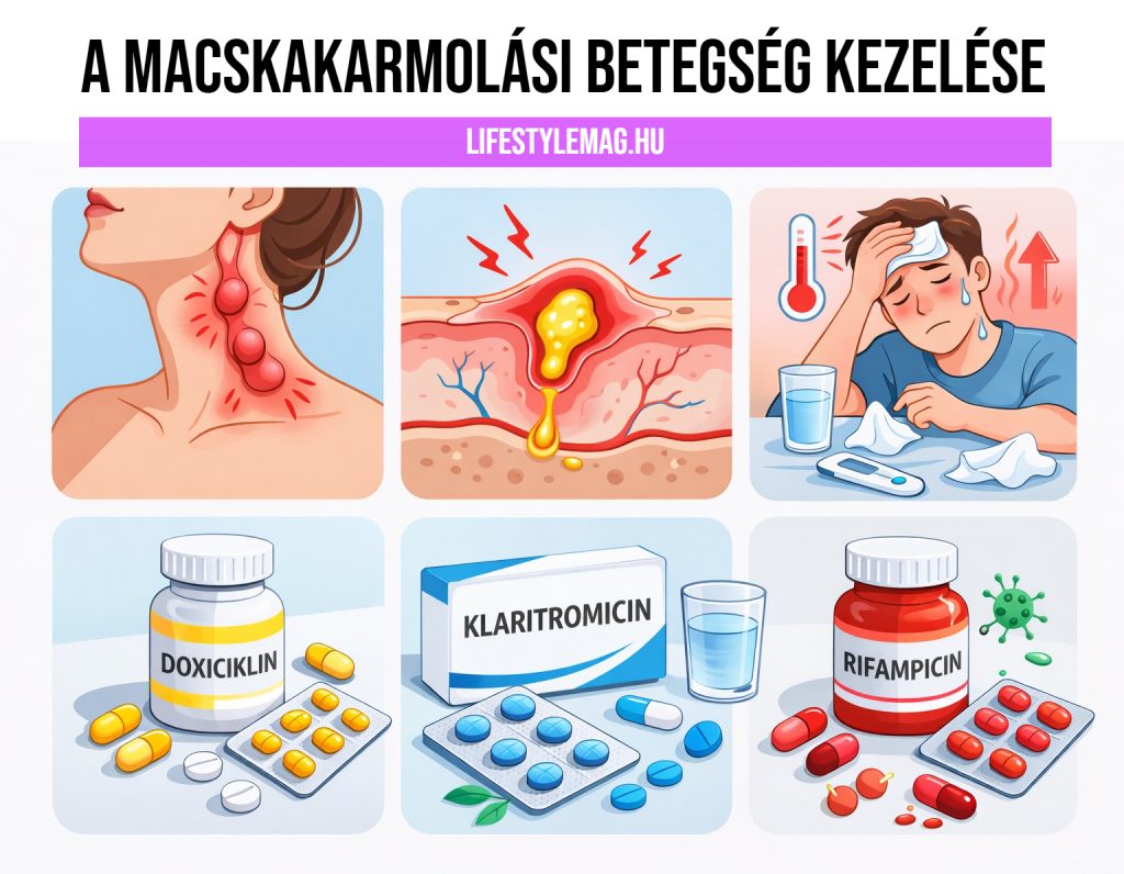 Ábra: Macskakarmolási betegség kezelése - Nyaki nyirokcsomók, lokális tályog, láz, mint vezető tünetek antibiotikum kezelést igényelnek: doxiciklin, klaritromicin, rifampicin valamely kombinációját.